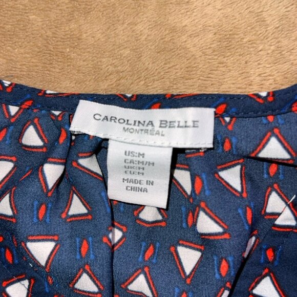 Carolina Belle Montreal Women Med Navy Triangle V-Neck Short Sleeve Blouse (U) - Picture 2 of 5